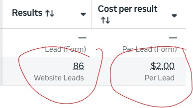 Ads Manager showing 86 website leads at $2.00 per lead